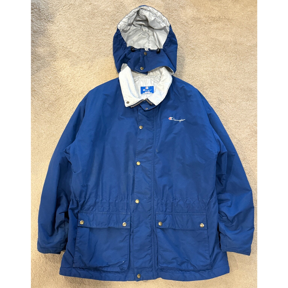 Vintage Champion Jacket Hoodie Medium Parka Zip Snap Closure Fully Lined Blue
